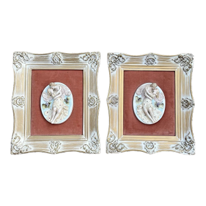 1950s Andrew Kolb & Son Framed Porcelain Bisque “Lovers” Plaques- Set of 2