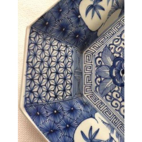 Antique Japanese Blue & White Octagonal Plate With Floral and Bamboo Motifs For Sale - Image 14 of 18