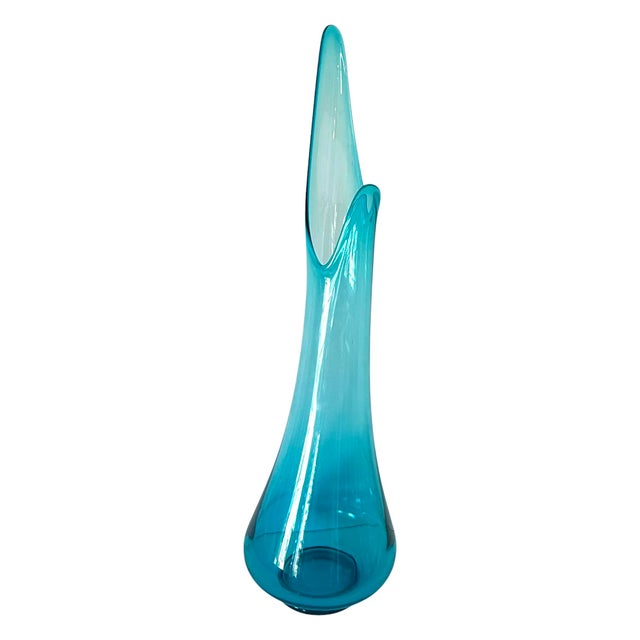 Vintage Mid Century Modern MCM Swung Glass Vase, Turquoise Peacock Blue, 24" Le Smith For Sale - Image 4 of 12