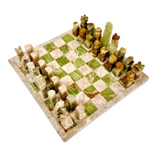 1970s Vintage Italian Mediterranean Hand Carved Pink Marble & Sage Onyx Chess Set - 33 Pieces For Sale