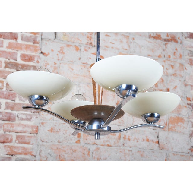1920s Art Deco Chandelier in Chromed Steel, Beech and Opal Glass, Czech, 1920s For Sale - Image 5 of 13