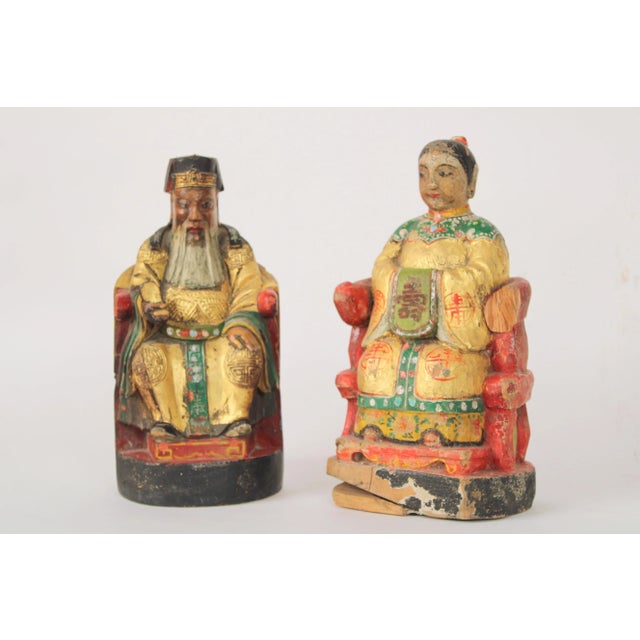 Chinese Pair of Chinese Wood Carved Polychrome and Gilt Decorated Figures For Sale - Image 3 of 12