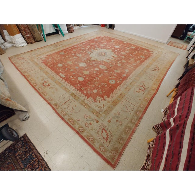 Textile Antique Oushak Carpet, Handmade Turkish Oriental Rug, Beige, Coral, Soft Colors For Sale - Image 7 of 18