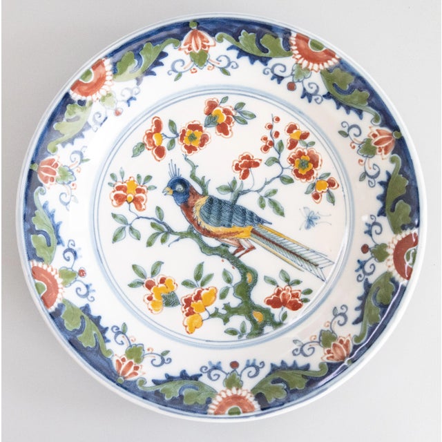 Blue Vintage Dutch Delft Faience Polychrome Floral Bird Wall Charger Plate For Sale - Image 8 of 8