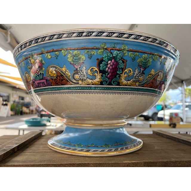 Ceramic Large Antique Turquoise Blue Footed Vine & Scroll Punch Bowl For Sale - Image 7 of 10