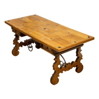 Italian Baroque Style 1880s Walnut Desk with Inlaid Top and Carved Lyre Base For Sale