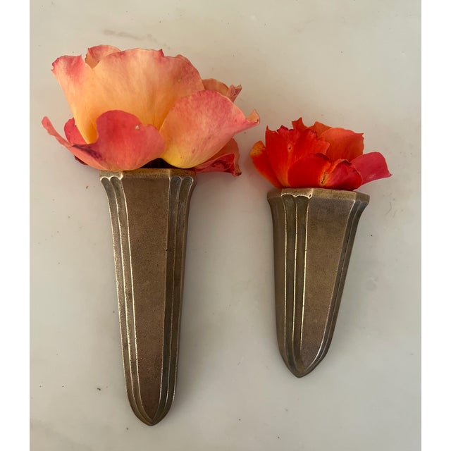 Pair of two brass Art Deco wall pockets, circa 1930's. Larger wall pocket: 6.6 x 2.25 x 1.9 Smaller wall pocket: 5.25x...