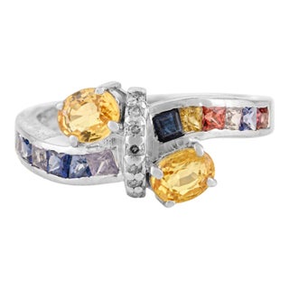 Stunning Natural Multi Sapphire 925 Silver Ring With Diamond Accents - Size 6 For Sale