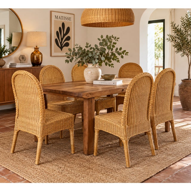Six vintage chairs in light woven rattan, dating from the 1970s. These chairs are distinguished by their beautiful high...