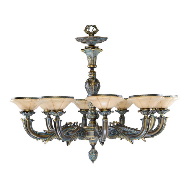 Large Spanish Alabaster Globe Chandelier 10-Light Solid Bronze 40" W For Sale