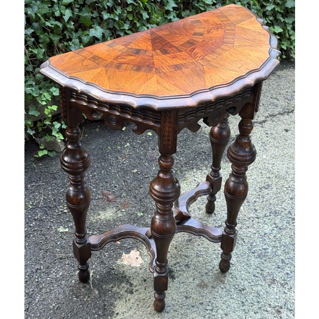 Jacobean Early 20th Century Carved Jacobean Inlaid Petite Demi Lune Table For Sale - Image 3 of 10