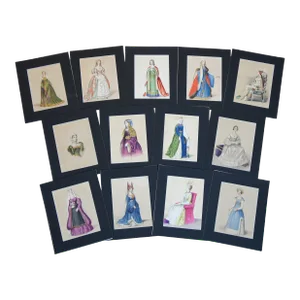 Antique 1840 Costumes of British Ladies Historical Fashion Engravings, Framed - Set of 13