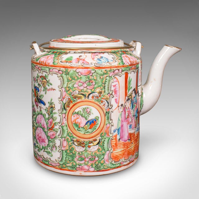 Antique Famille Rose Teapot, Oriental, Ceramic Chá Pot, Wicker Case, Circa 1920 For Sale - Image 4 of 12