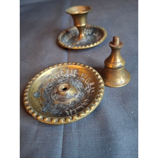 Bronze Museum-Grade Kabbalistic Assemblage: 18thC Inscribed Healing Mortar, Agla Amulet Tray & Travel Shabbat Candlesticks For Sale - Image 8 of 18