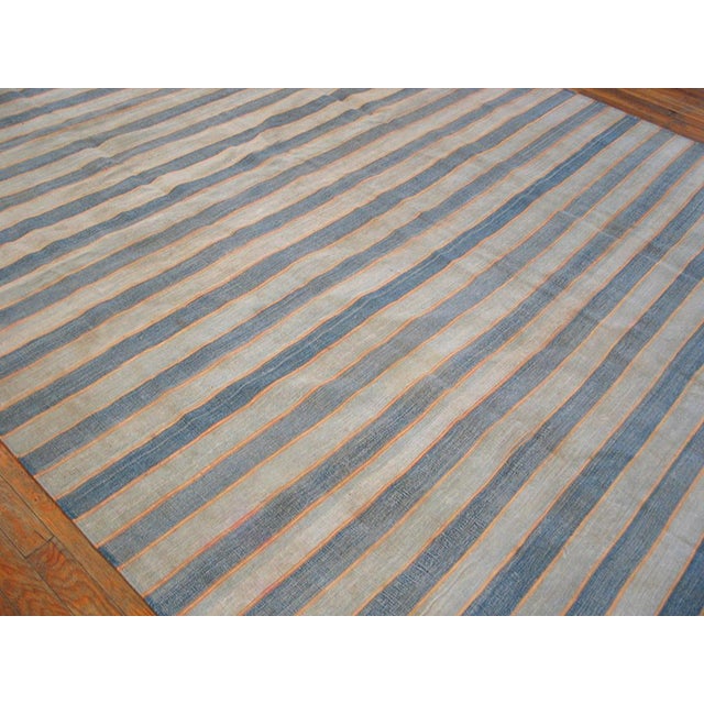 Indian 1940s Blue White Stripe Antique Indian Dhurrie Rug 7' 6"x 15' 9" Flatweave Cotton Carpet For Sale - Image 3 of 4