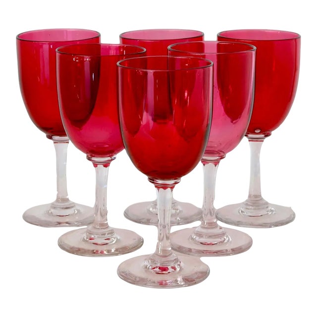 19th-Century English Victorian Hand-Blown Cranberry Wine / Cocktail Stems For Sale