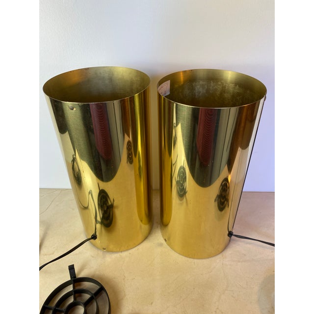 Late 20th Century Pair of Vintage Brass Cylinder Table Lamps in the Style of Robert Sonneman, 1970s Modernist Uplights For Sale - Image 5 of 10