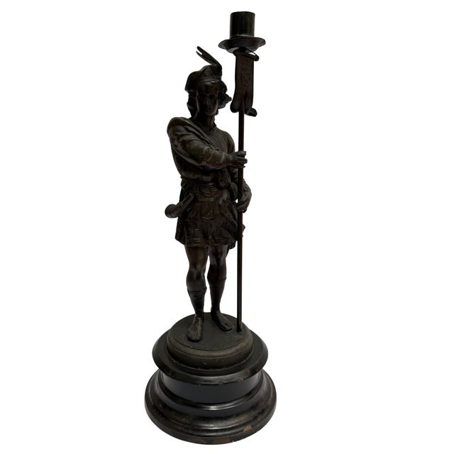 19th Century French Antique Spelter Figural Candlesticks – Pair of Renaissance Troubadour Warriors For Sale In San Diego - Image 6 of 9
