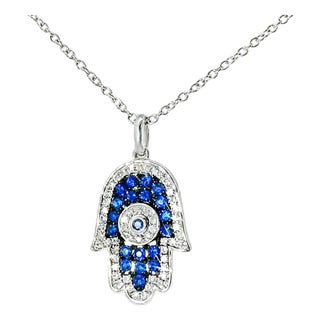 Late 20th Century 14K White Gold Hamsa Sapphire Diamond Pendant Estate For Sale