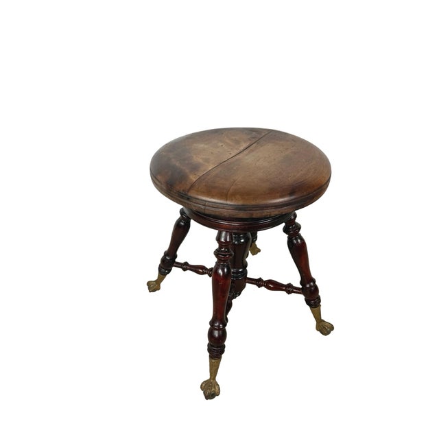 Antique Victorian Style Adjustable Piano Stool With Glass Ball-and-Claw Feet For Sale - Image 4 of 16