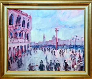 Mario Bonamici, Piazza San Marco, Doge's Palace, Venice, 1950s, Oil on Panel, Framed