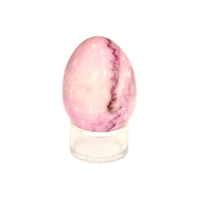 Large vintage decorative carved 3 inch magenta, raspberry, pink and purple marbled egg with modern clear acrylic stand....