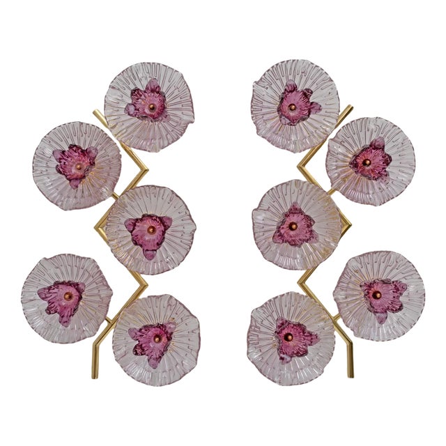 Modern Italian Murano Glass and Brass Flowers Wall Lamps, 1990, Set of 2 For Sale