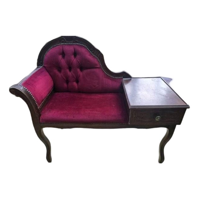 Telephone Table Seat + Drawer Vintage Furniture Victorian-Style, Red Velvet For Sale
