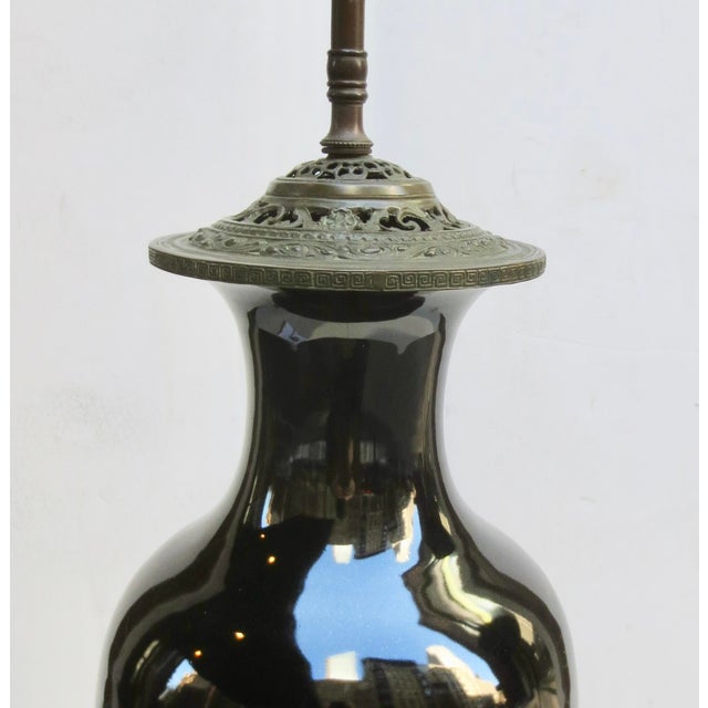 Antique Mirror Black glazed baluster vase with terrific bronze mounts, Double Edison sockets, with new wiring working very...