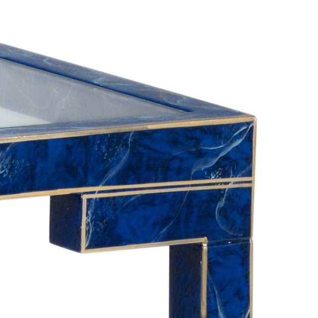 Lapis blue lacquered wood with gold trim and with plain clear glass