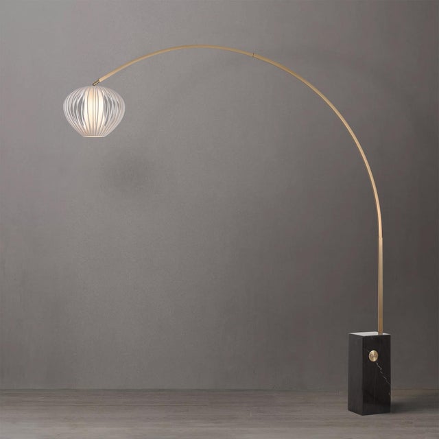 Mid-Century Modern Iconic 95" Arc Floor Lamp - Weathered Brass Steel Body, Sphere White Satin Shade, Mid Century, Dimmable For Sale - Image 3 of 5