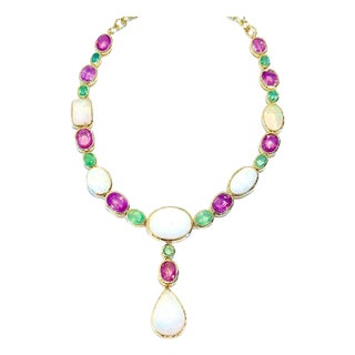 BOCHIC "Capri" Vintage Pink Sapphire, Emerald & Ethiopian Opal 18K Gold & Silver For Sale