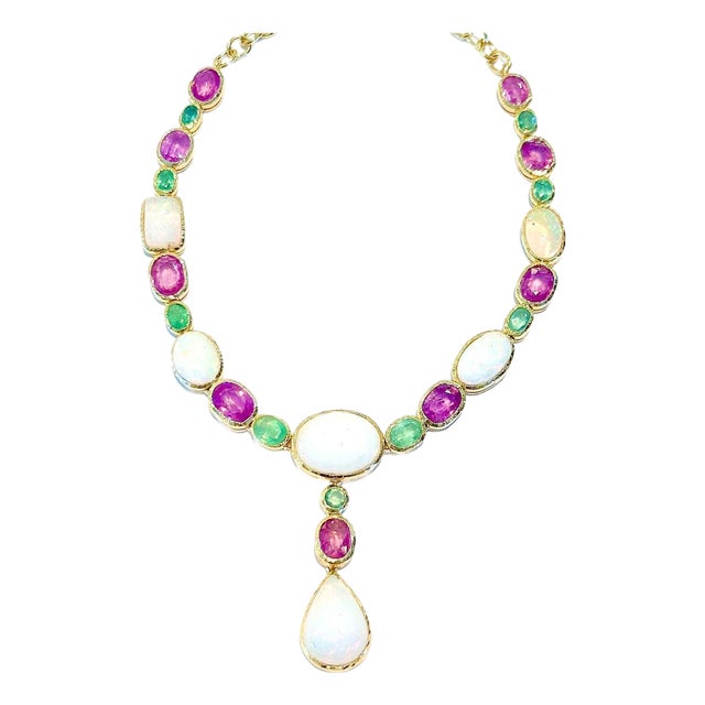 BOCHIC "Capri" Vintage Pink Sapphire, Emerald & Ethiopian Opal 18K Gold & Silver For Sale