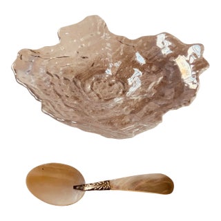 Mid 20th Century Crystal Oyster Shell Caviar Dish With Full Mother-of-Pearl & Engraved Silver Spoon For Sale