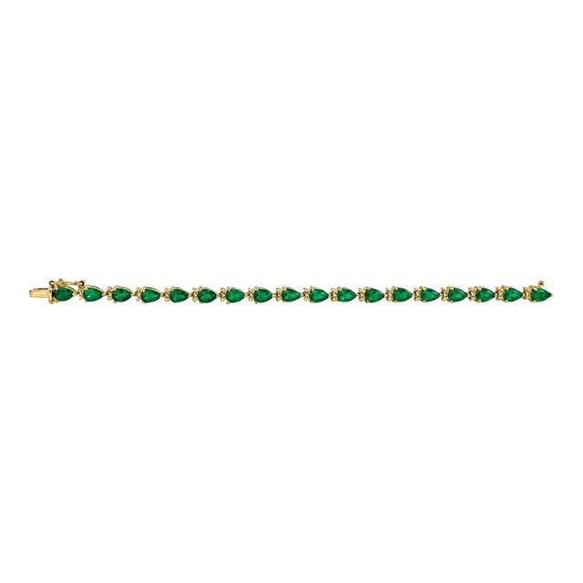 14k Gold Natural Pear Emerald & Diamond Tennis Bracelet For Sale