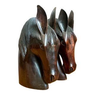 Vintage Carved Wood Horse Head Sculptures - Pair For Sale
