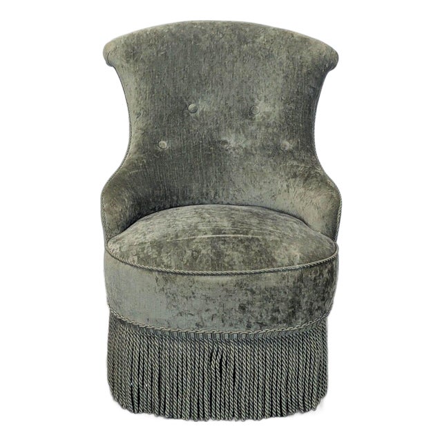 Vintage Green Velvet Lounge Chair With Button-Tufted Back and Fringe Skirt For Sale