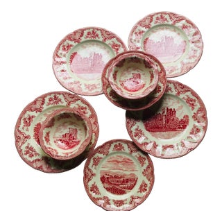 Johnson Bros "Old Britain Castles" Red Transferware Breakfast Set, 8 Pieces — C. 1980s, England For Sale