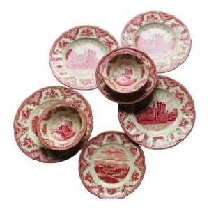Johnson Bros "Old Britain Castles" Red Transferware Breakfast Set, 8 Pieces — C. 1980s, England