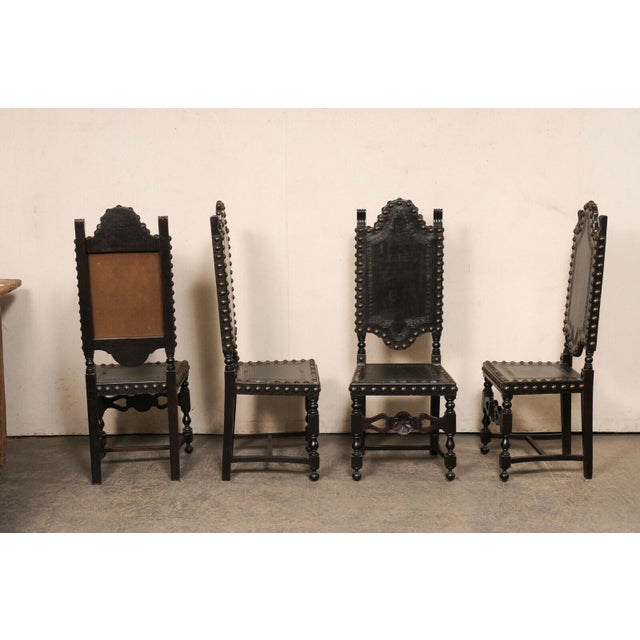 Mid 20th Century Set of 8 Spanish Leather & Carved Wood Chairs With Nailhead Trim For Sale - Image 9 of 12