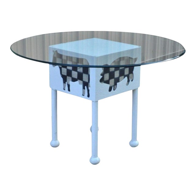 Mid 20th Century Farmhouse Cow & Pig Painted White & Black Metal & Glass Island Center Table For Sale