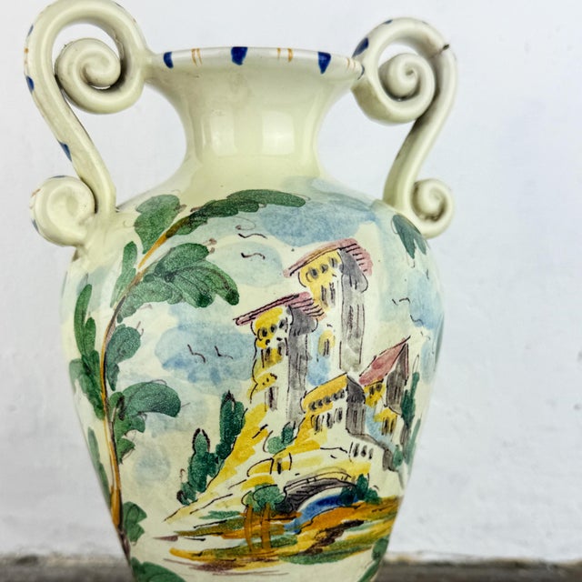 Antique Albisola Fenice majolica vase dating to the 1920s, hand-painted with a picturesque Italian landscape on one side...