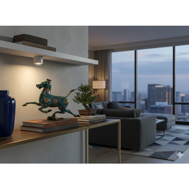 Metal Chinese Turquoise Teal Enamel Galloping Horse Treading on a Flying Swallow Metal Figure For Sale - Image 7 of 12