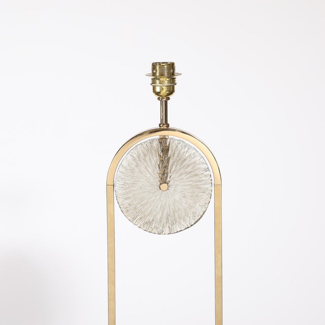 Brass Mid-Century Brass Arch Floor Lamp W/ Textured Glass Medallion & White Marble For Sale - Image 8 of 13
