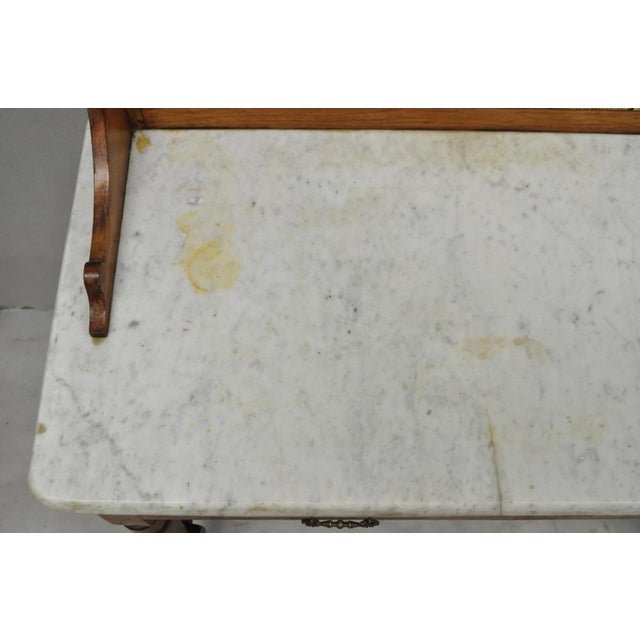 Antique Victorian Walnut Marble Top Washstand Good Luck Swastika Tile Backsplash For Sale - Image 10 of 18