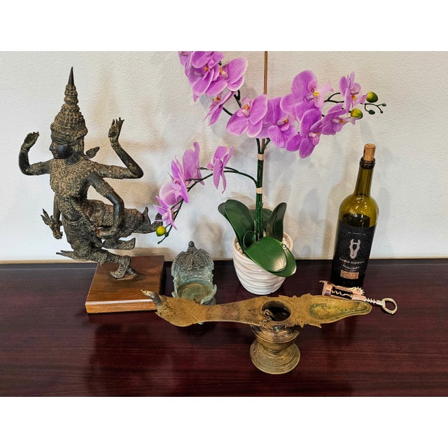 19th Century India Brass Ritual Oil Lamp With Attached Spoon For Sale - Image 12 of 12