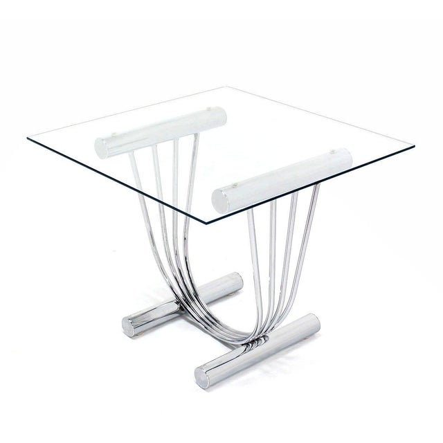 Mid-Century Modern Pair of Chrome U Shape Bases Glass Square Top End Side Tables Stands MINT! For Sale - Image 3 of 9