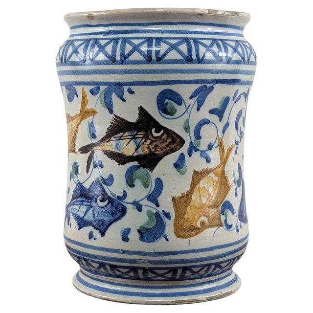 18th Century Sicilian Caltagirone Tin-Glazed Albarello with Fish Decoration For Sale - Image 13 of 13