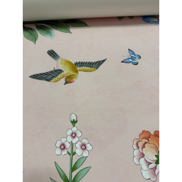 Paper Hand-Painted Chinoiserie Botanical Mural Wallpaper on Pink Edo Xuan Paper, Set of 4 Panels For Sale - Image 7 of 9