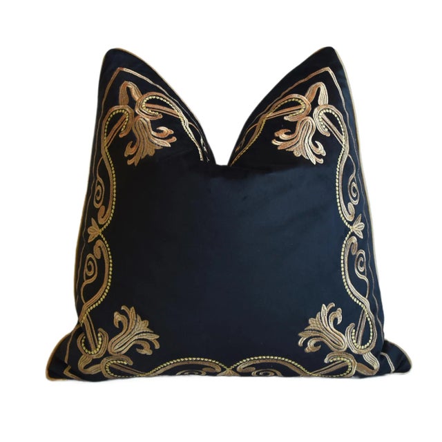English Gold Embroidered Floral Botanical Black Velvet Feather/Down Pillow 20" Square For Sale - Image 3 of 8